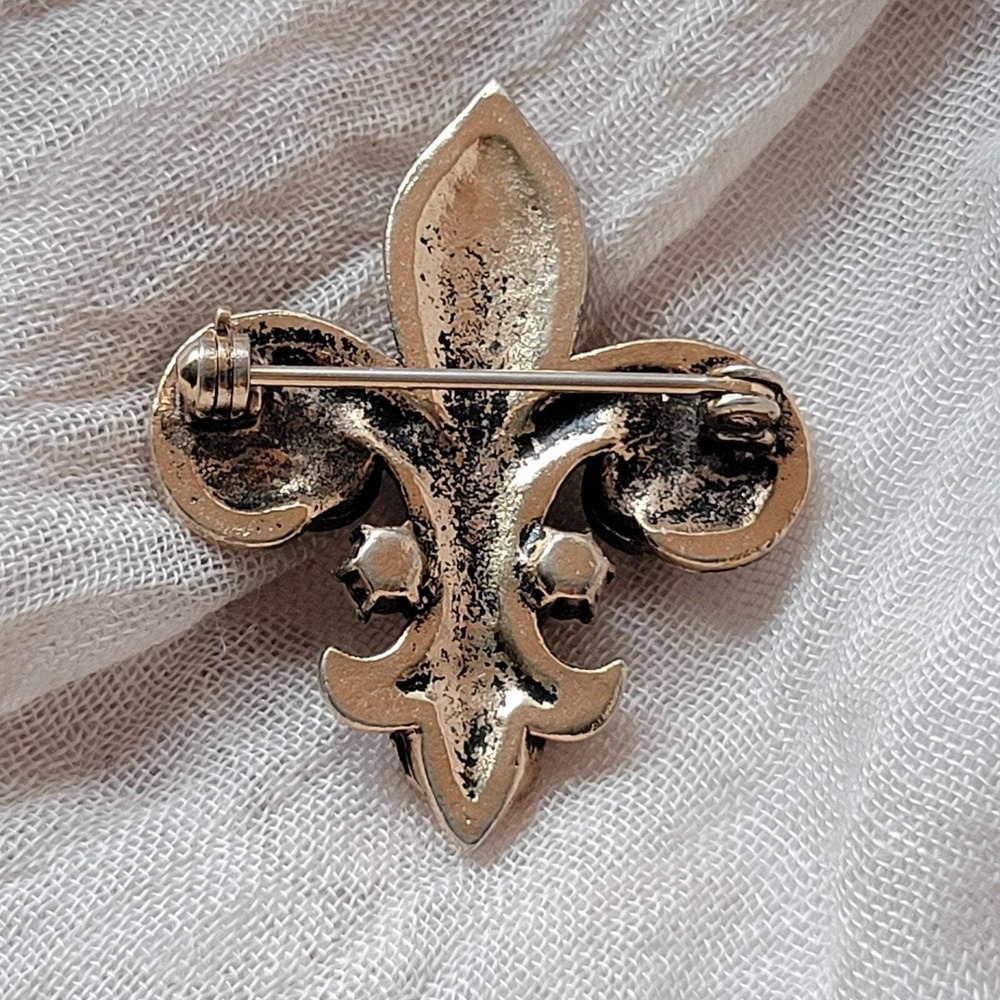 Vintage‎ 80s Fleur De Lis Brooch Gold Tone Cabochon Acrylic Jewels Glam Unisex - Picture 3 of 6
